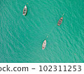 A stunning view of a wooden boat on the lake surrounded by the lush green landscape from a top view perspective. 102311253