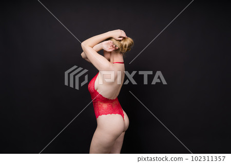 Fashion portrait of young beautiful woman with big breasts. Carefree model wearing lingerie. Fashion portrait of young beautiful woman with big breasts. Carefree model wearing lingerie. 102311357