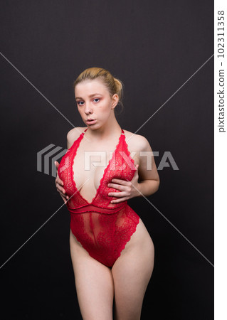 Fashion portrait of young beautiful woman with big breasts. Carefree model wearing lingerie. Fashion portrait of young beautiful woman with big breasts. Carefree model wearing lingerie. 102311358