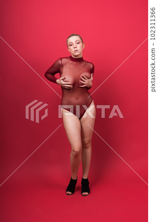 Fashion portrait of young beautiful woman with big breasts. Carefree model wearing lingerie. Fashion portrait of young beautiful woman with big breasts. Carefree model wearing lingerie. 102311366