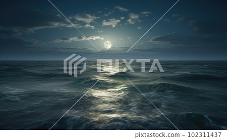 The moon is low over the night ocean 102311437