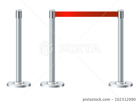 Retractable belt rack. Portable tape barrier. Red tape for fencing. Red carpet with red ropes on silver supports. Exclusive event, movie premiere, gala concert, awards ceremony. Retractable belt rack. Portable tape barrier. Red tape for fencing. Red carpet with red ropes on silver supports. Exclusive event, movie premiere, gala concert, awards ceremony. 102312090