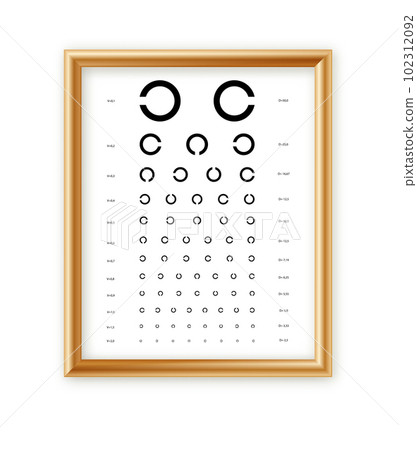 Eyes test charts with latin letters isolated on background. Art design medical poster with sign in golden frame. Concept graphic element for ophthalmic test for visual examination. 102312092
