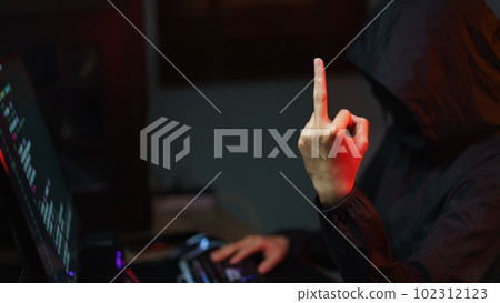 Hacker in hoodie showing middle finger and typing code to hacking programming system or server Hacker in hoodie showing middle finger and typing code to hacking programming system or server 102312123