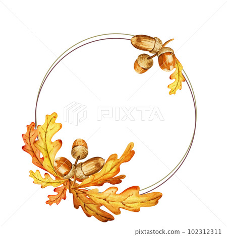 watercolor round frame with oak leaves, seeds, acorns, hand draw illustartion of tree, orange and brown colour, forest theme isolated on white background watercolor round frame with oak leaves, seeds, acorns, hand draw illustartion of tree, orange and brown colour, forest theme isolated on white background 102312311