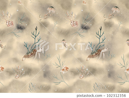 Seamless pattern with watercolor medusa and turtle. Hand painted seashells pattern. Watercolor vintage ocean background. Original hand drawn illustration. Marine design. 102312356