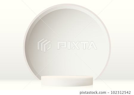 Cylindrical realistic white podium. White empty room concept with semicircular interior element.Vector 3d shape rendering, product display presentation. 102312542