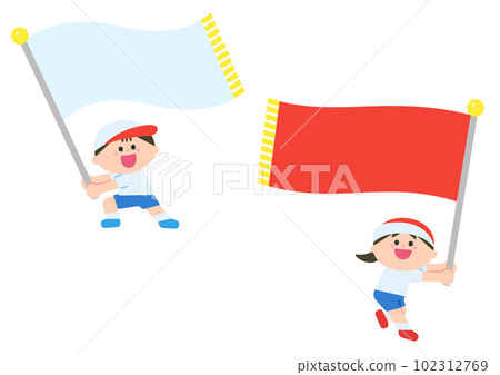 運動會孩子們揮舞著歡呼的旗幟 102312769