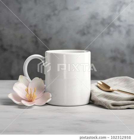 Coffee mug, a white cup on a table with a cupcake and flowers. Styled photo, product mockup 102312938