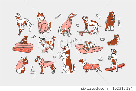 Hand drawn vector abstract graphic line collection set with diverse cute funny cartoon dogs characters.Vector illustration of funny cartoon different breeds dogs in trendy flat style. Line dog icon. Hand drawn vector abstract graphic line collection set with diverse cute funny cartoon dogs characters.Vector illustration of funny cartoon different breeds dogs in trendy flat style. Line dog icon. 102313184
