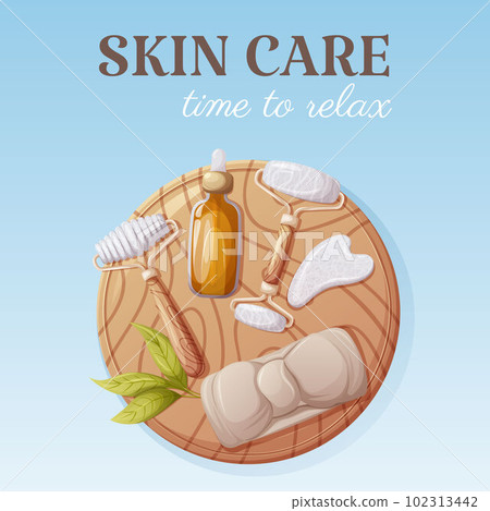 Round wooden board with gua sha tools, headband, oil serum. Top view. Health and beauty. Skin care, time to relax, square card. Vector illustration 102313442