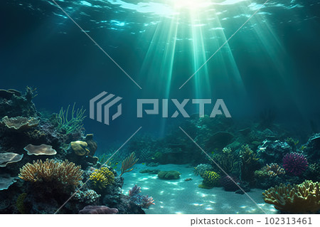 Tropical Seabed - An Underwater Scene with Vibrant Reef and Sunshine. created with Generative AI Tropical Seabed - An Underwater Scene with Vibrant Reef and Sunshine. created with Generative AI 102313461