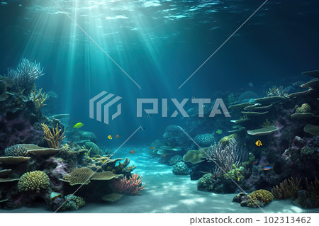 Tropical Seabed - An Underwater Scene with Vibrant Reef and Sunshine. created with Generative AI Tropical Seabed - An Underwater Scene with Vibrant Reef and Sunshine. created with Generative AI 102313462