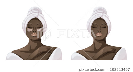 African American woman in white bathrobe and towel.The concept of spa, relaxation, face and body skin care. Eye patches. Health and beauty. Trendy vector illustration African American woman in white bathrobe and towel.The concept of spa, relaxation, face and body skin care. Eye patches. Health and beauty. Trendy vector illustration 102313497