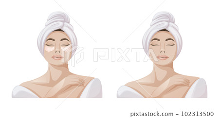 Woman in white bathrobe and towel.The concept of spa, relaxation, face and body skin care. Eye patches. Health and beauty. Trendy vector illustration Woman in white bathrobe and towel.The concept of spa, relaxation, face and body skin care. Eye patches. Health and beauty. Trendy vector illustration 102313500
