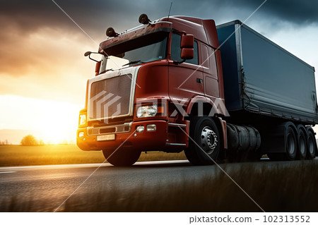 Truck Silhouetted Against a Golden Sunset Sky. created with Generative AI Truck Silhouetted Against a Golden Sunset Sky. created with Generative AI 102313552