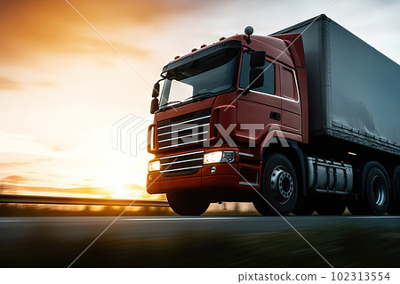 Truck Silhouetted Against a Golden Sunset Sky. created with Generative AI 102313554