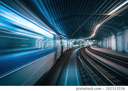 Speeding train inside Tokyo tunnel: motion blur. created with Generative AI 102313556