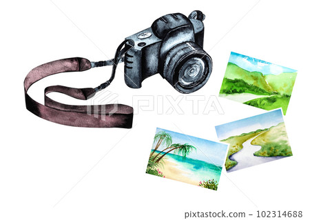 Watercolor illustration of a camera and photographs of landscapes.Drawing of a camera and photographs Watercolor illustration of a camera and photographs of landscapes.Drawing of a camera and photographs 102314688