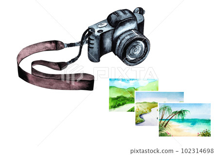 Watercolor illustration of a camera and photographs of landscapes.Drawing of a camera and photographs Watercolor illustration of a camera and photographs of landscapes.Drawing of a camera and photographs 102314698