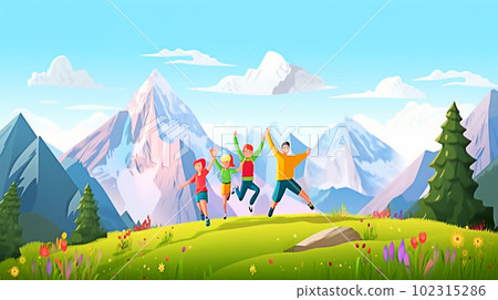 Happy people jumping in the meadow with a mountain background illustration. Generative AI Happy people jumping in the meadow with a mountain background illustration. Generative AI 102315286