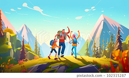 Family hiking in the mountains. Cartoon illustration of family hiking in nature. Generative AI Family hiking in the mountains. Cartoon illustration of family hiking in nature. Generative AI 102315287