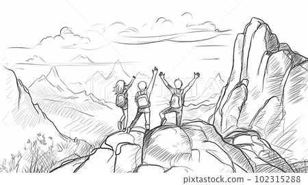 Sketch of tourists on the top of the mountain illustration. Generative AI Sketch of tourists on the top of the mountain illustration. Generative AI 102315288