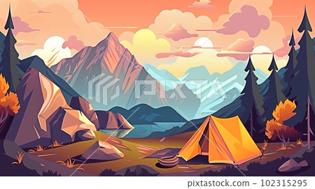 Camping in the mountains illustration in a flat style. Generative AI Camping in the mountains illustration in a flat style. Generative AI 102315295