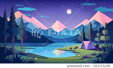Camping by the lake at night illustration in cartoon style. Generative AI Camping by the lake at night illustration in cartoon style. Generative AI 102315296