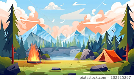 camping in the woods. Mountain landscape with campfire and tent illustration. Generative AI 102315297