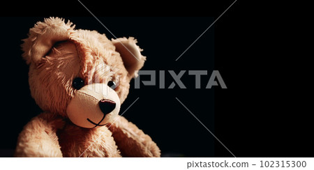Teddy bear on a black background with copy space for text. Generative AI 102315300