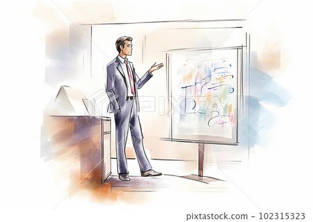 Illustration of a businessman giving a presentation on a whiteboard. Generative AI Illustration of a businessman giving a presentation on a whiteboard. Generative AI 102315323