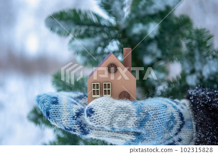 A model of an eco-friendly wooden house in the hands on a winter background. A model of an eco-friendly wooden house in the hands on a winter background. 102315828