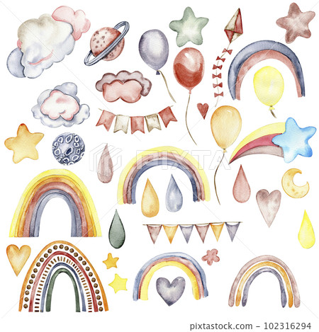 Watercolor hand painted cute rainbow. Illustration isolated on white background. Design for baby shower party, birthday, cake, holiday design, greetings card, invitation. 102316294