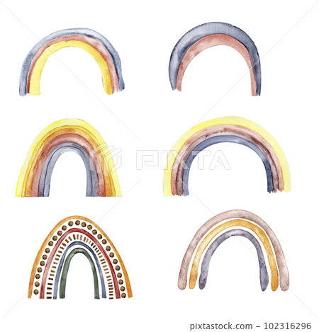 Watercolor hand painted cute rainbow. Illustration isolated on white background. Design for baby shower party, birthday, cake, holiday design, greetings card, invitation. 102316296