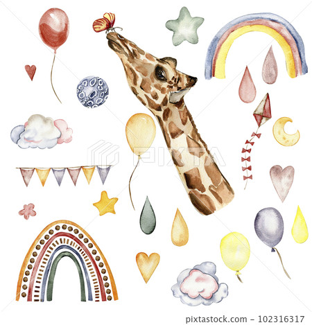Watecolor hand drawn giraffe illustration and rainbow, Cartoon tropical animal , exotic summer jungle design. Design for baby shower party, birthday, cake, holiday design, greetings card, invitation. 102316317