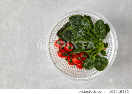 Washed green leaves of spinach and cherry tomatoes on a branch in a plastic white colander on a light stone table Washed green leaves of spinach and cherry tomatoes on a branch in a plastic white colander on a light stone table 102316385
