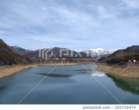 Lake Akaya and the towering mountains of Gunma under the spring blue sky 102316474