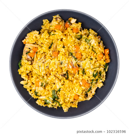 top view of Vietnamese Fried Rice in bowl cutout top view of Vietnamese Fried Rice in bowl cutout 102316596