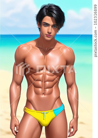 Young boy with a muscular body in swimming trunks against the background of sea. Digital art 102316899