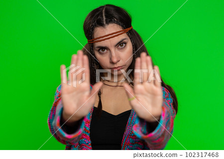 Woman say No hold palm folded crossed hands in stop gesture warning of finish prohibited access 102317468