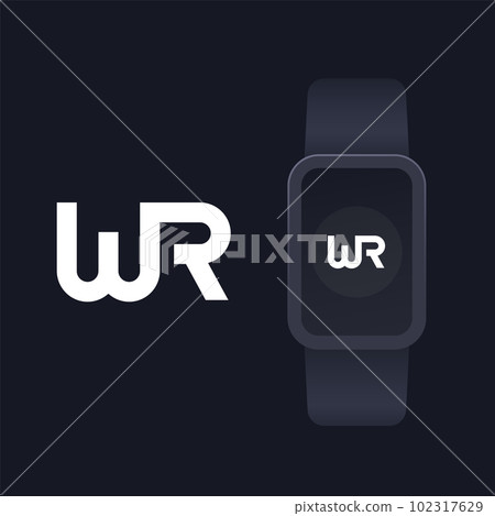 WR monogram, letters, logo design with smart watch WR monogram, letters, logo design with smart watch 102317629