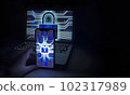 Locked laptop and smartphone screen. Cyber security concept. Hacking and login attempt. Phone lock to protect from cyber scam. Phishing, cybersecurity danger or ransomware attack 102317989