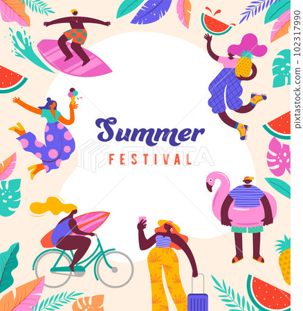 Summer festival, summer sale poster, modern style characters, people at summer. Swimming, traveling Summer festival, summer sale poster, modern style characters, people at summer. Swimming, traveling 102317990