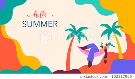Collection of colorful, modern style characters, people at summer. Swimming, traveling, surfing 102317999