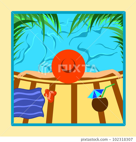 Summer pool party illustration.Woman in a big red hat swimming in the pool Summer pool party illustration.Woman in a big red hat swimming in the pool 102318307
