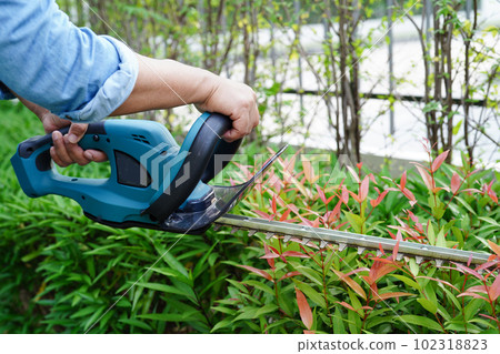 Gardener trimming bush by electric hedge clippers in garden. Hobby at home. 102318823