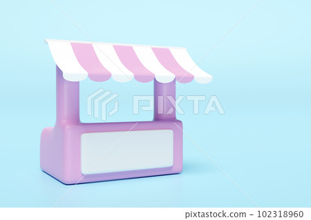 3d pink white booth shop icon or empty retail store front with striped awning isolated on blue background. startup franchise business concept, 3d render illustration, clipping path 3d pink white booth shop icon or empty retail store front with striped awning isolated on blue background. startup franchise business concept, 3d render illustration, clipping path 102318960