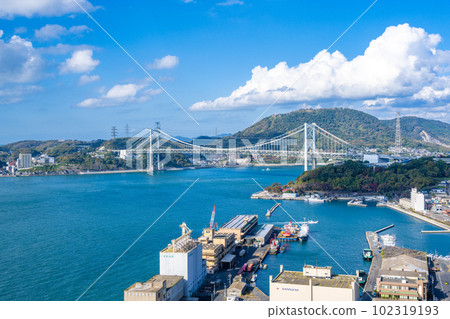 Kitakyushu City, Fukuoka Prefecture Mojiko Port and Kanmon Bridge seen from the Mojiko Retro Observatory 102319193