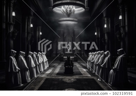 Secret society ceremony. Sect members at dark hall. Generative AI Secret society ceremony. Sect members at dark hall. Generative AI 102319591